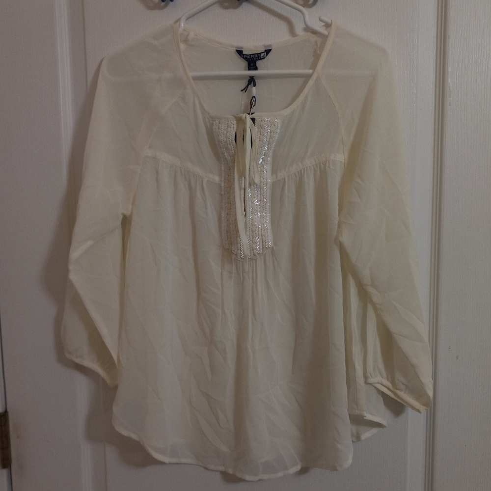 Sperry Ivory Sheer Beaded Peasant Blouse Size Small NWT